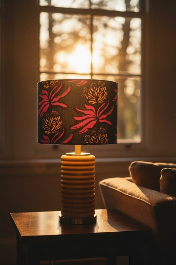 Abajur Protea - Domus Concept - Light StudioAbajurDomus ConceptAbajur Domus Concept - Light Studio cilíndrico com padrão floral Protea em tons rosa e amarelo sobre candeeiroTamborAbajur de Mesa